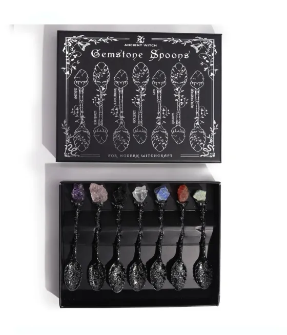 Caja de 7 Cucharas de Plata Oscura de Bruja con piedras preciosas